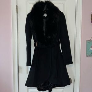Calvin Klein Black Pea Coat with Fitted Waist and Flared Skirt